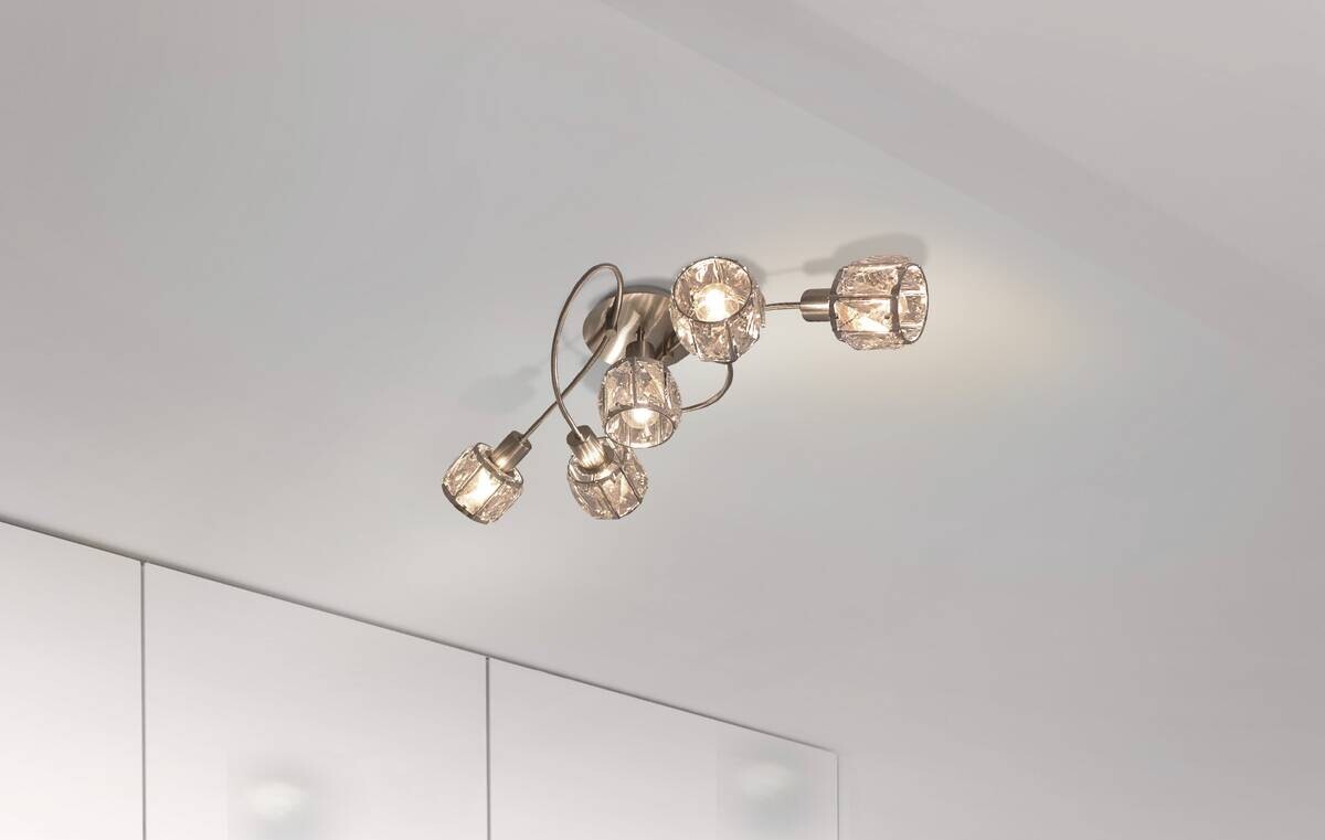 Näve Leuchten Deckenleuchte 1281050 stahlfarbig Glas Metall B/H/T: ca. 36x21x61 cm E14 5 Brennstellen