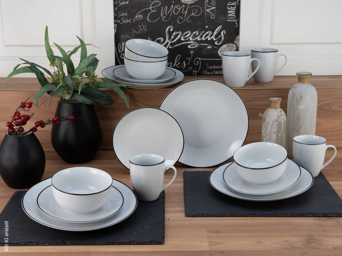 CreaTable Kombiservice Luna Black Line weiß Porzellan 16 tlg.