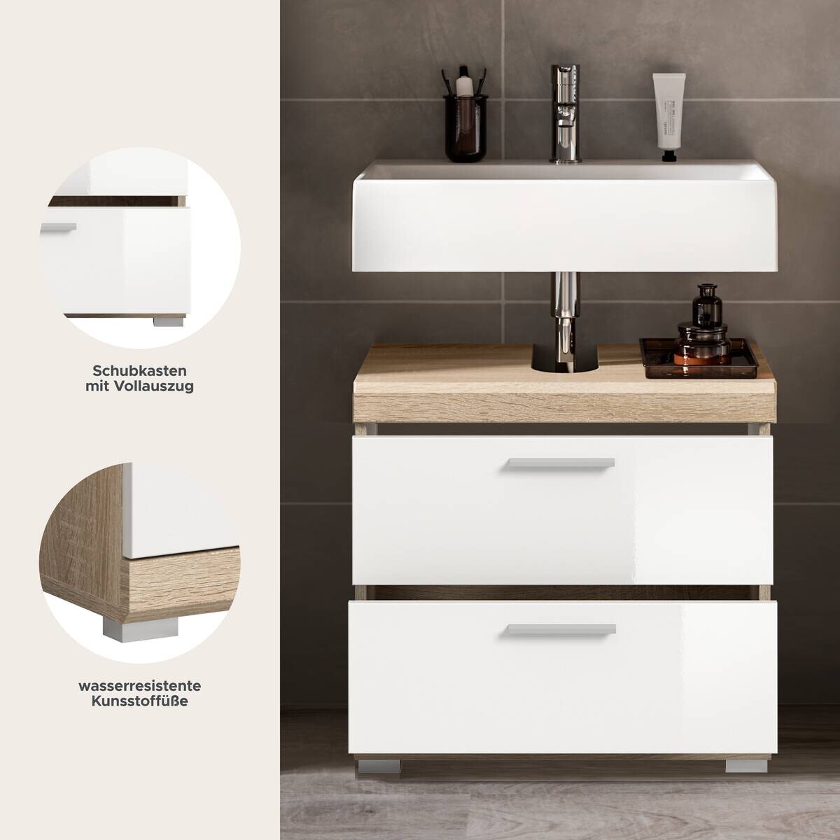 Waschbeckenunterschrank Lambada Eiche Sonoma Nachbildung weiß Hochglanz B/H/T: ca. 60x56x37 cm