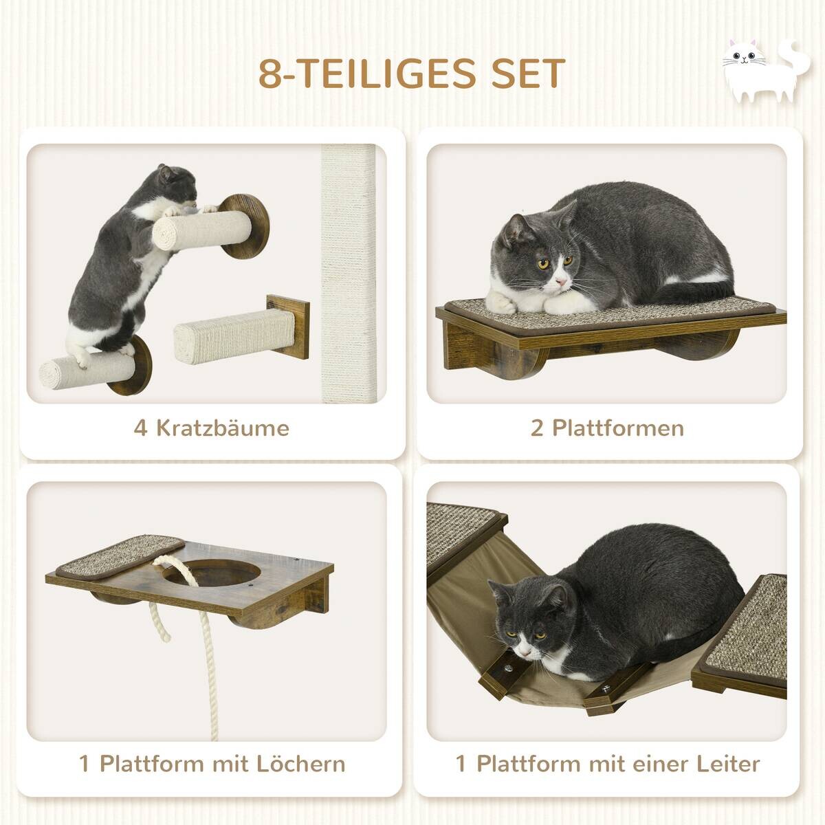 PawHut Katzenregal-Set braun Sisal B/H/L: ca. 29x8,5x136 cm