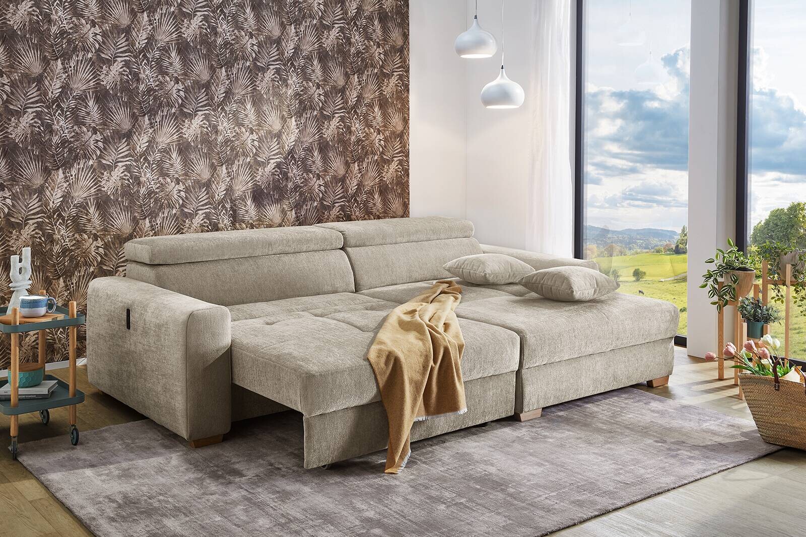 Ecksofa mit elektrischer XXL Sitztiefenverstellung beige Flachgewebe B/H/T: ca. 277x109x187 cm
