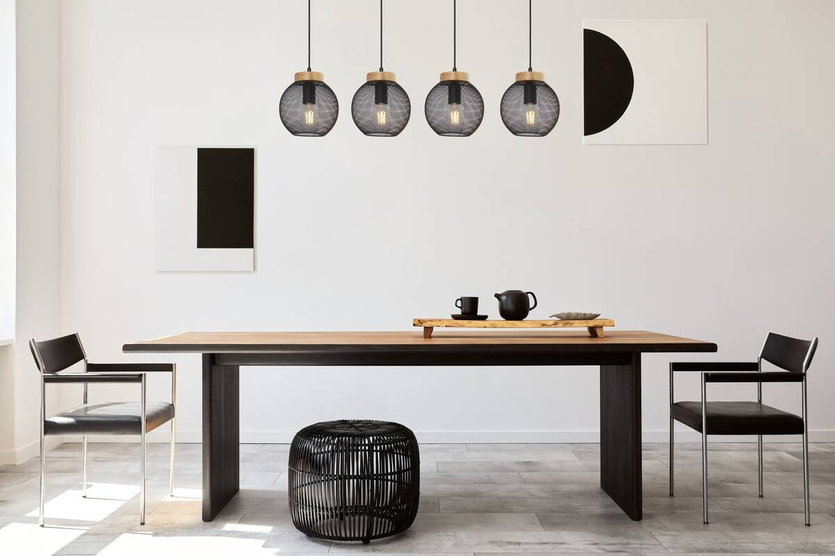 GLOBO Pendelleuchte Pablo mattschwarz natur Metall Holz B/H/T: ca. 95x120x20 cm E27 4 Brennstellen