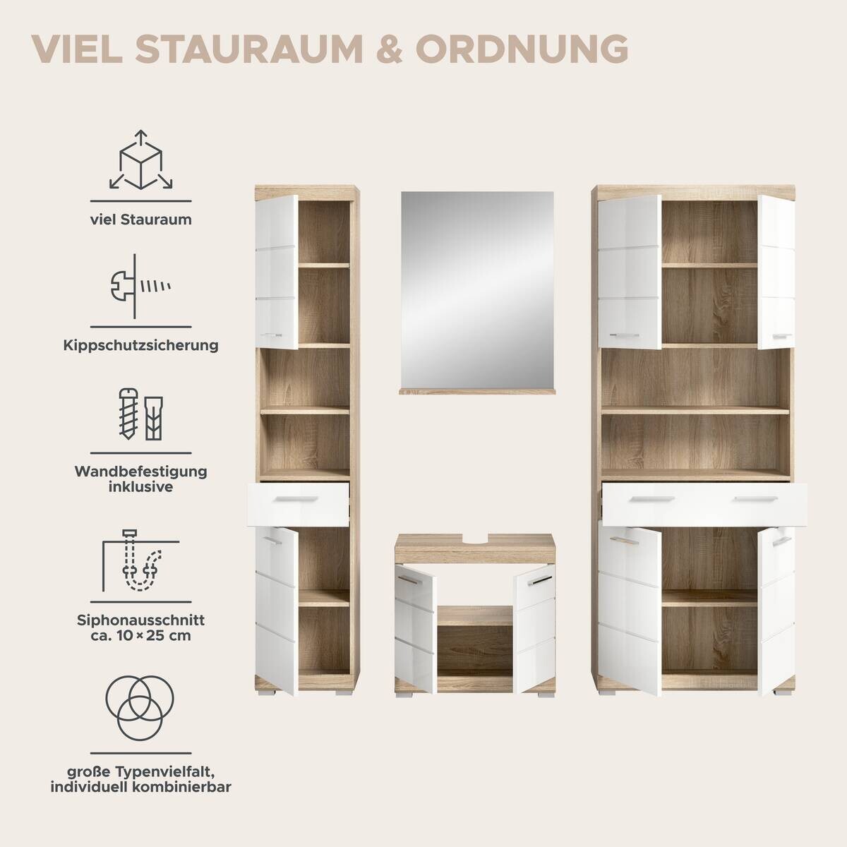 Badezimmer-Set Lambada Eiche Sonoma Nachbildung weiß Hochglanz B/H/T: ca. 186x191x34 cm
