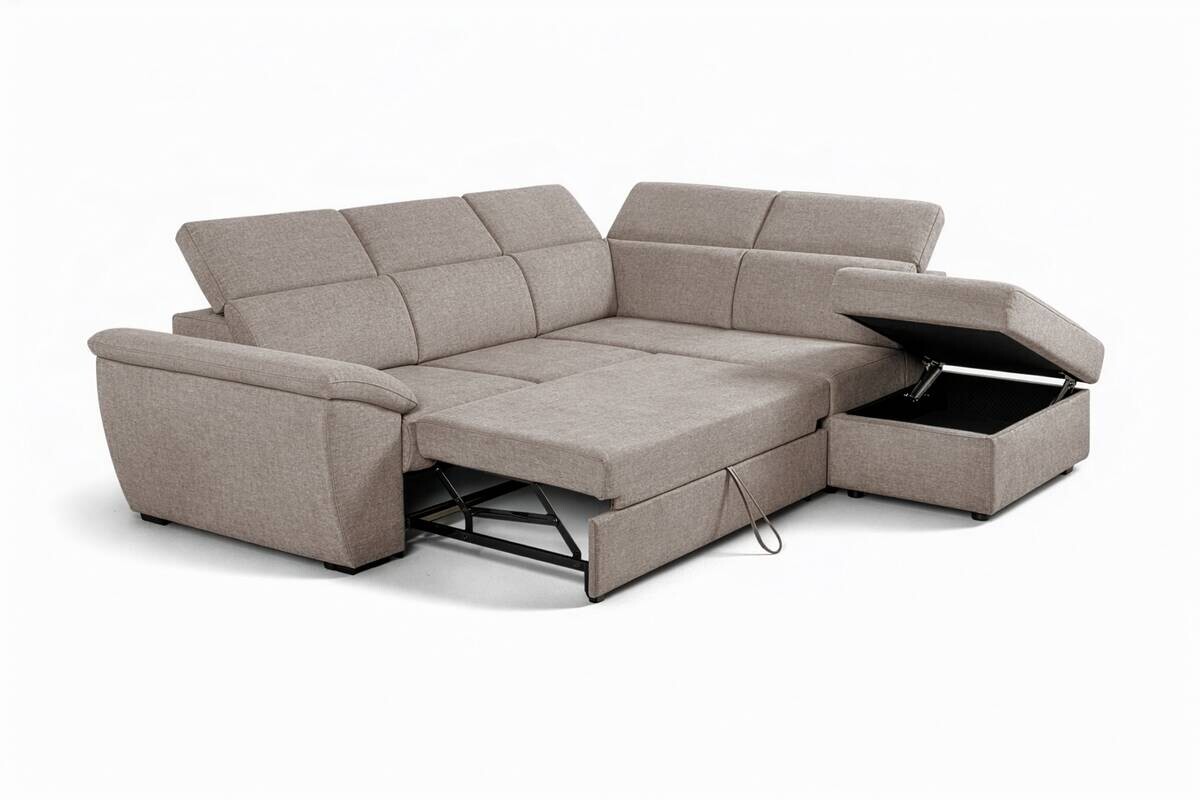 Ecksofa mit Bettfunktion und Bettkasten Greige Flachgewebe B/H/T: ca. 280x108x235 cm