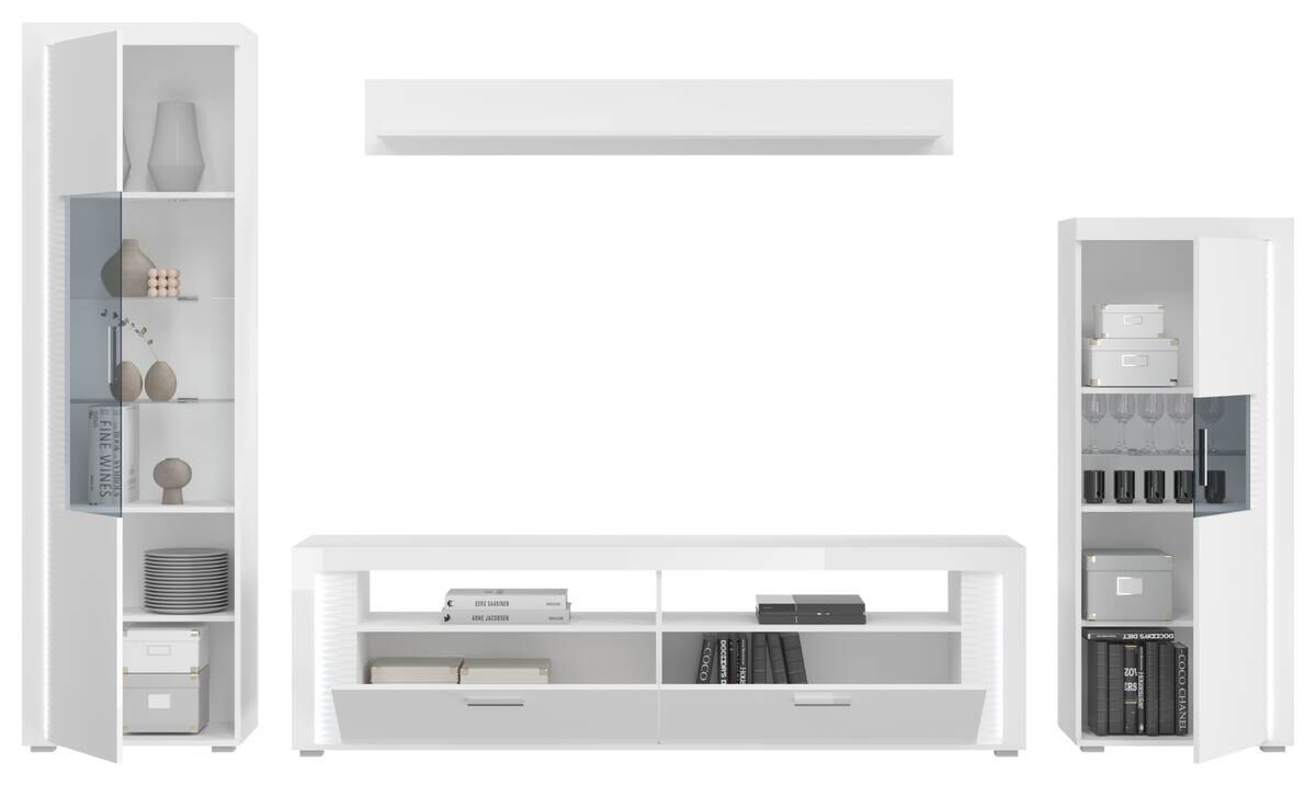 Wohnwand SKYLIGHT weiß weiß Hochglanz Pasol grau B/H/T: ca. 351x202x46 cm