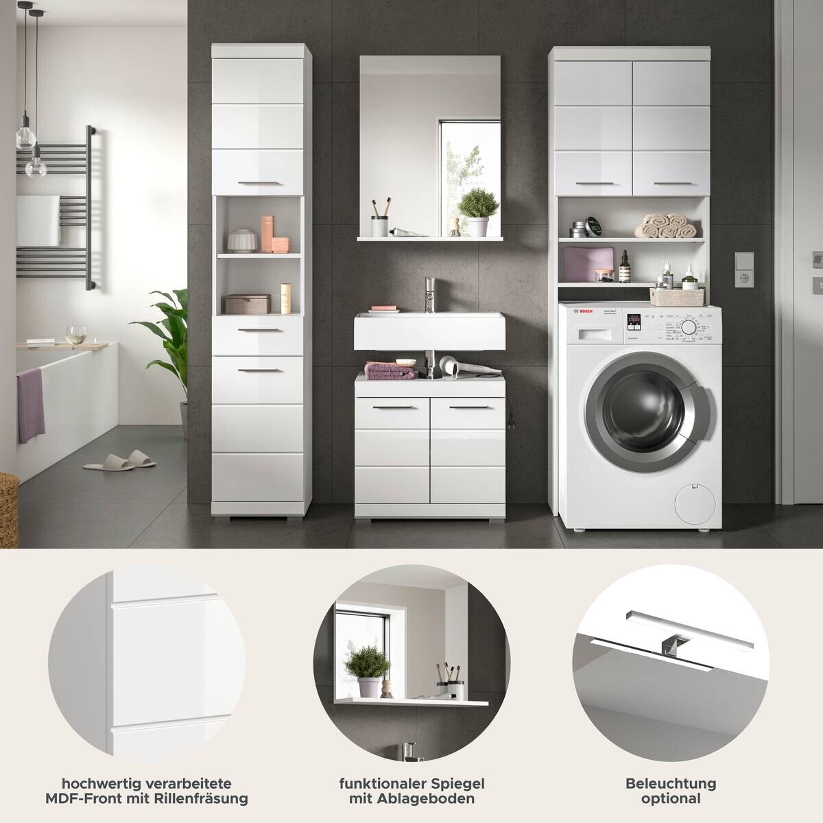 Badezimmer-Set Scout weiß weiß Hochglanz B/H/T: ca. 190x191x34 cm