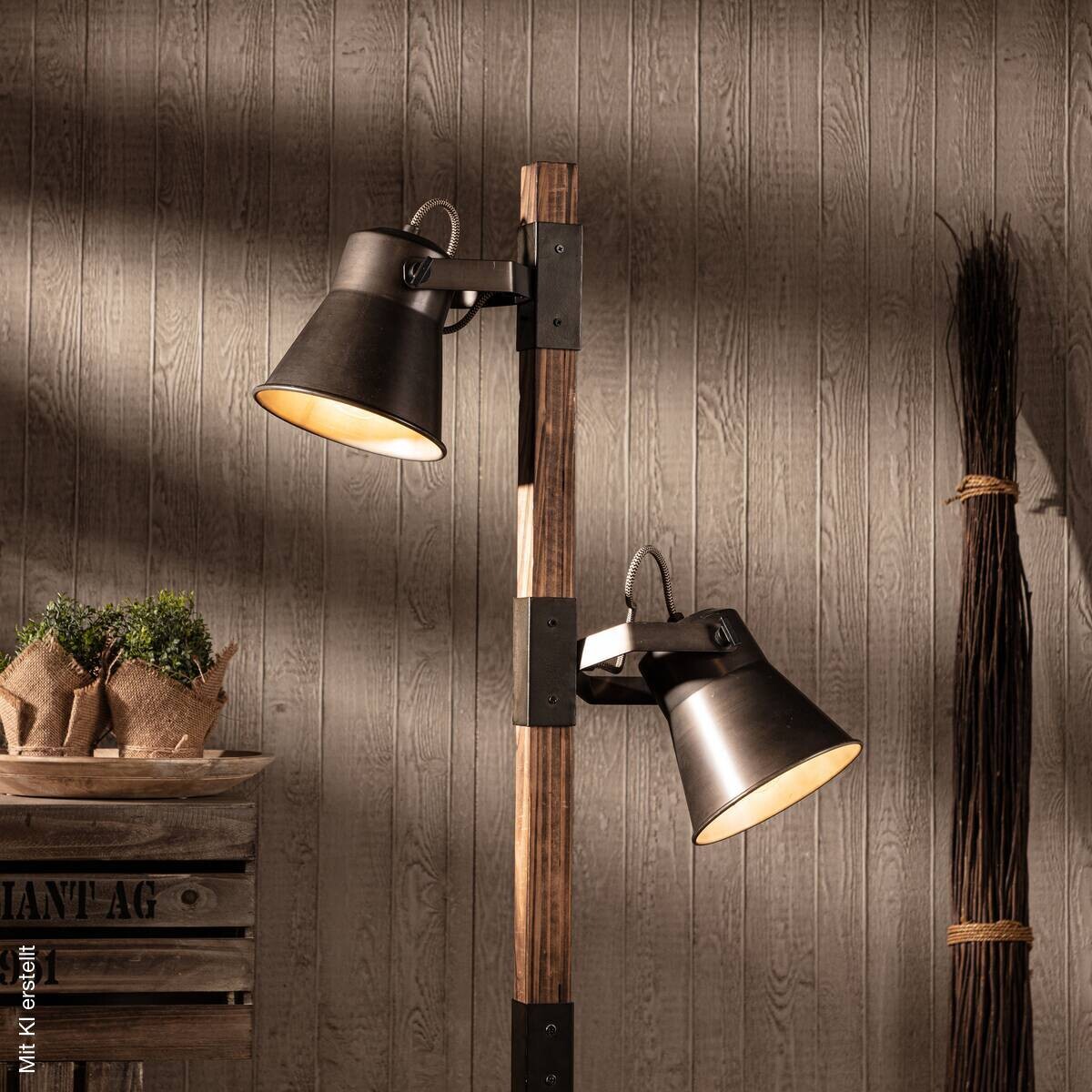 Brilliant Stehlampe Plow schwarz Metall Holz H: ca. 154 cm E27 2 Brennstellen