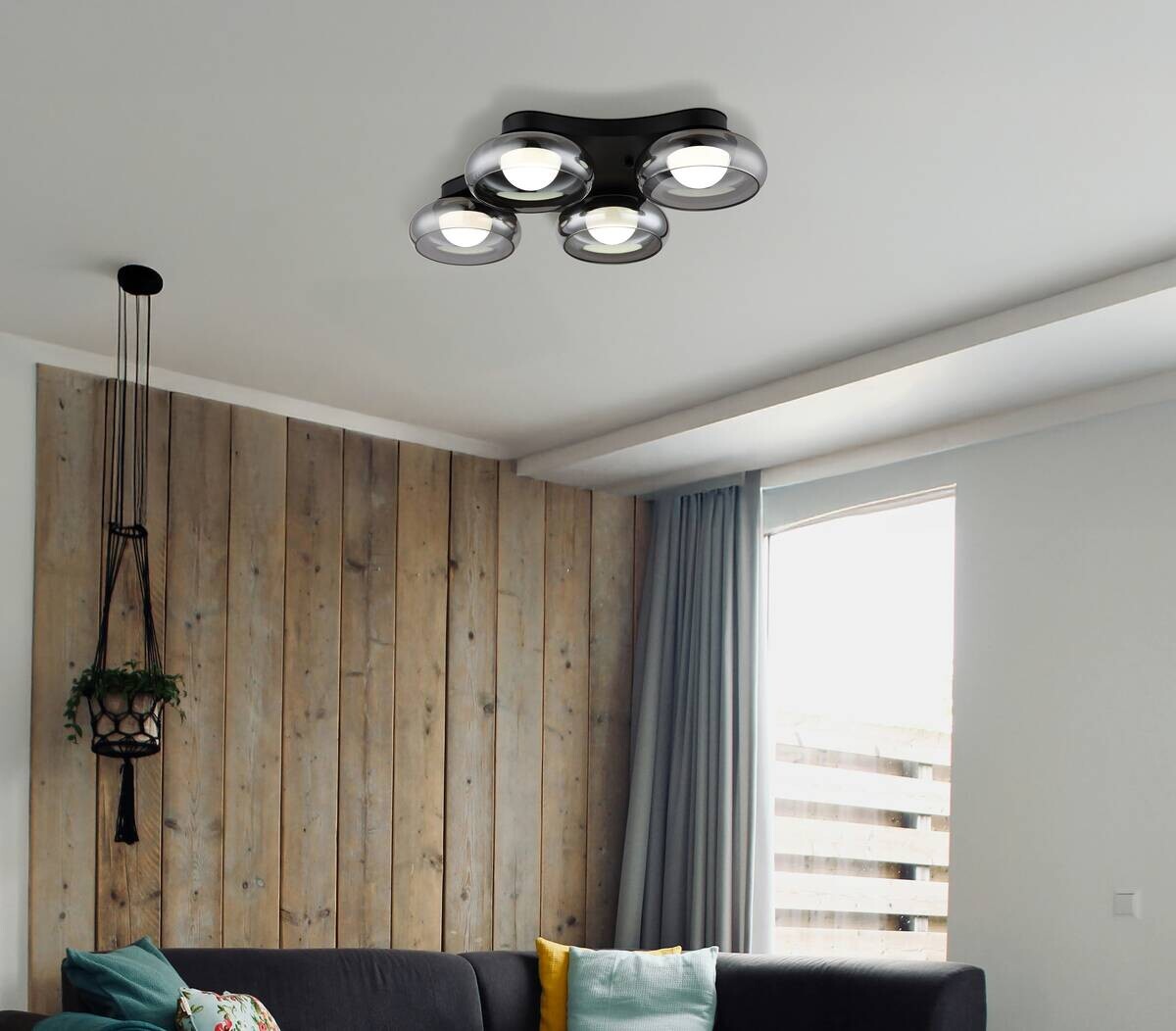 GLOBO Deckenleuchte Opal Rauch schwarz Metall Glas Acryl B/H/L: ca. 46x10x65 cm 1 Brennstellen