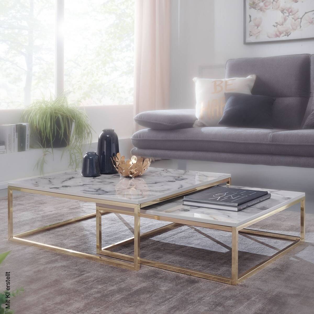 Couchtisch 2er-Set. weiß Marmor Optik gold lackiert