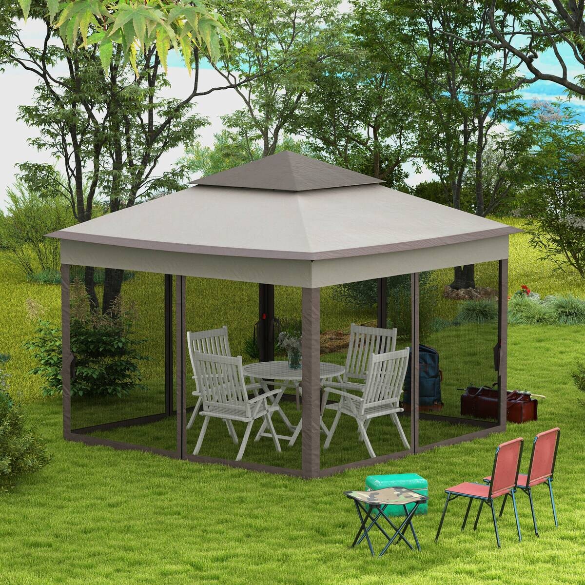 Outsunny Pavillon hellgrau Edelstahl B/H/L: ca. 325x325x270 cm