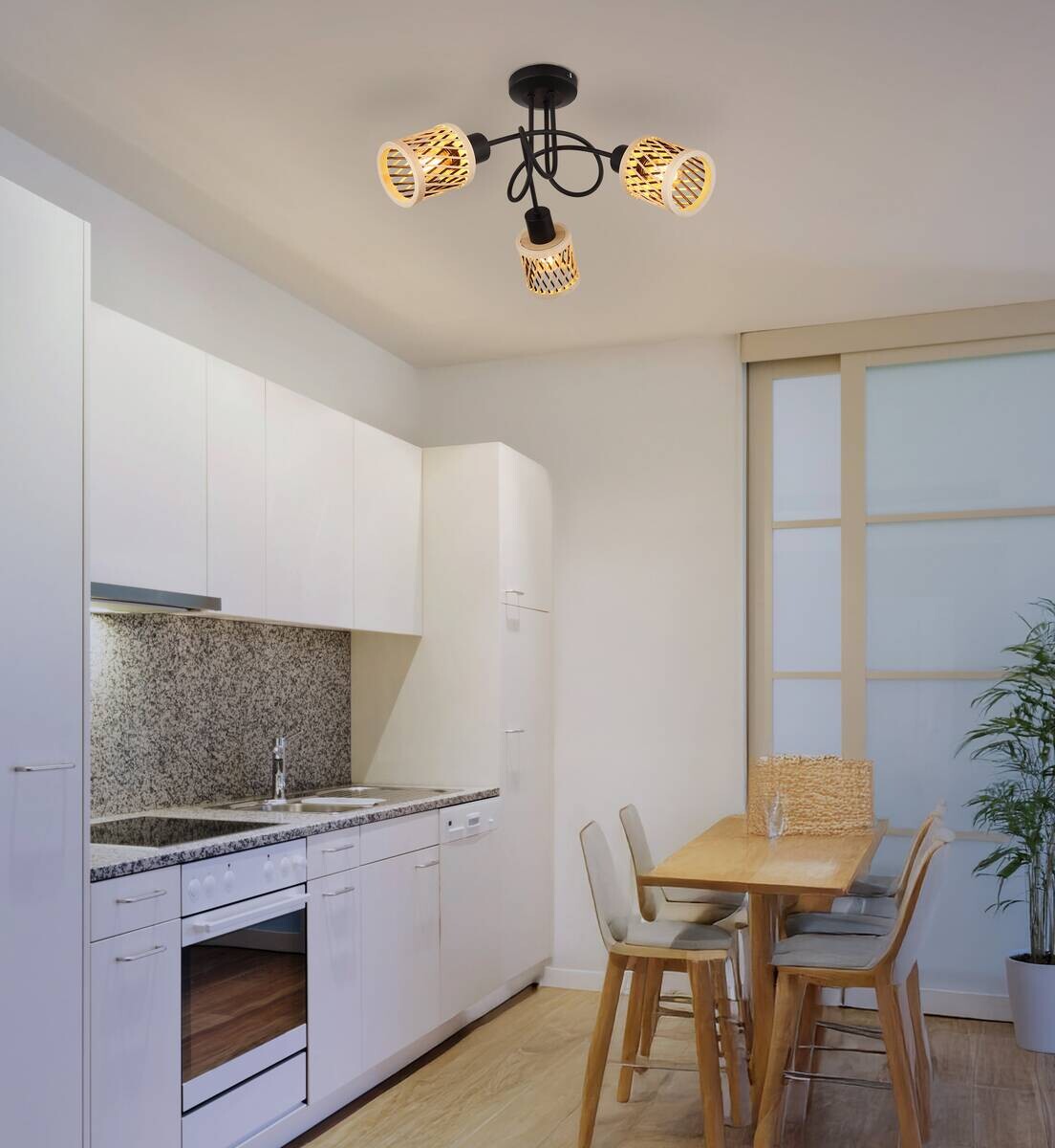 GLOBO LED-Deckenleuchte mattschwarz natur Bambus Metall H/D: ca. 26x40 cm 3 Brennstellen