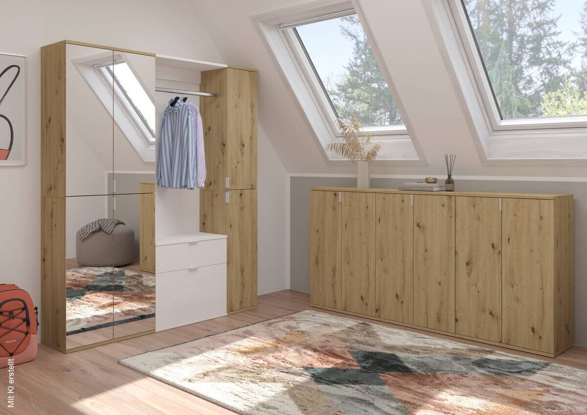 Garderobe PROJEKT Eiche Artisan Nachbildung weiß Hochglanz Spiegel B/H/T: ca. 152x193x34 cm