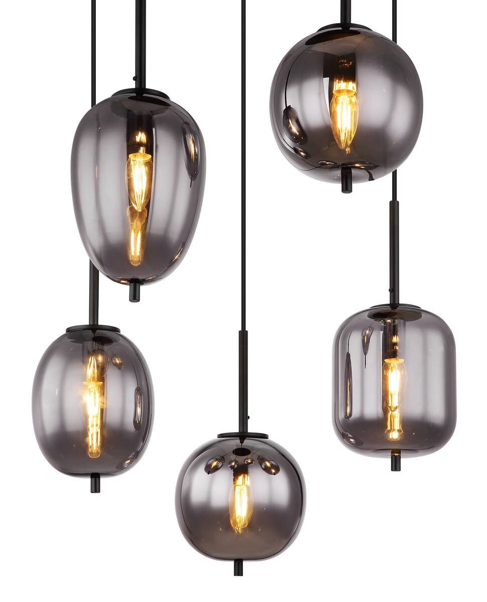 GLOBO Pendelleuchte Blacky 15345-5 schwarz natur Rauch Metall Aluminium Glas H/D: ca. 150x57,5 cm E14 5 Brennstellen