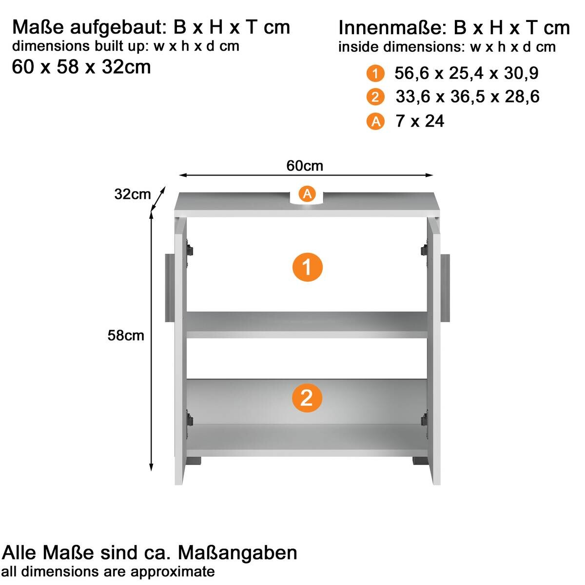 Waschbeckenunterschrank Wons weiß Hochglanz weiß matt B/H/T: ca. 60x58x34 cm