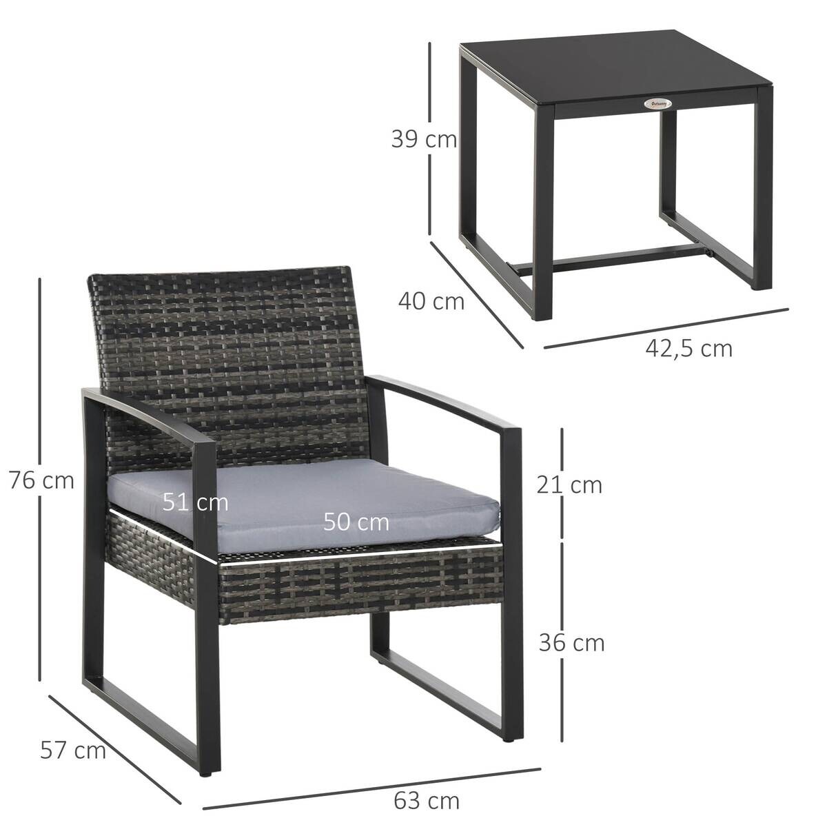 Outsunny Sitzgruppe grau Polyrattan B/H/L: ca. 57x63x76 cm
