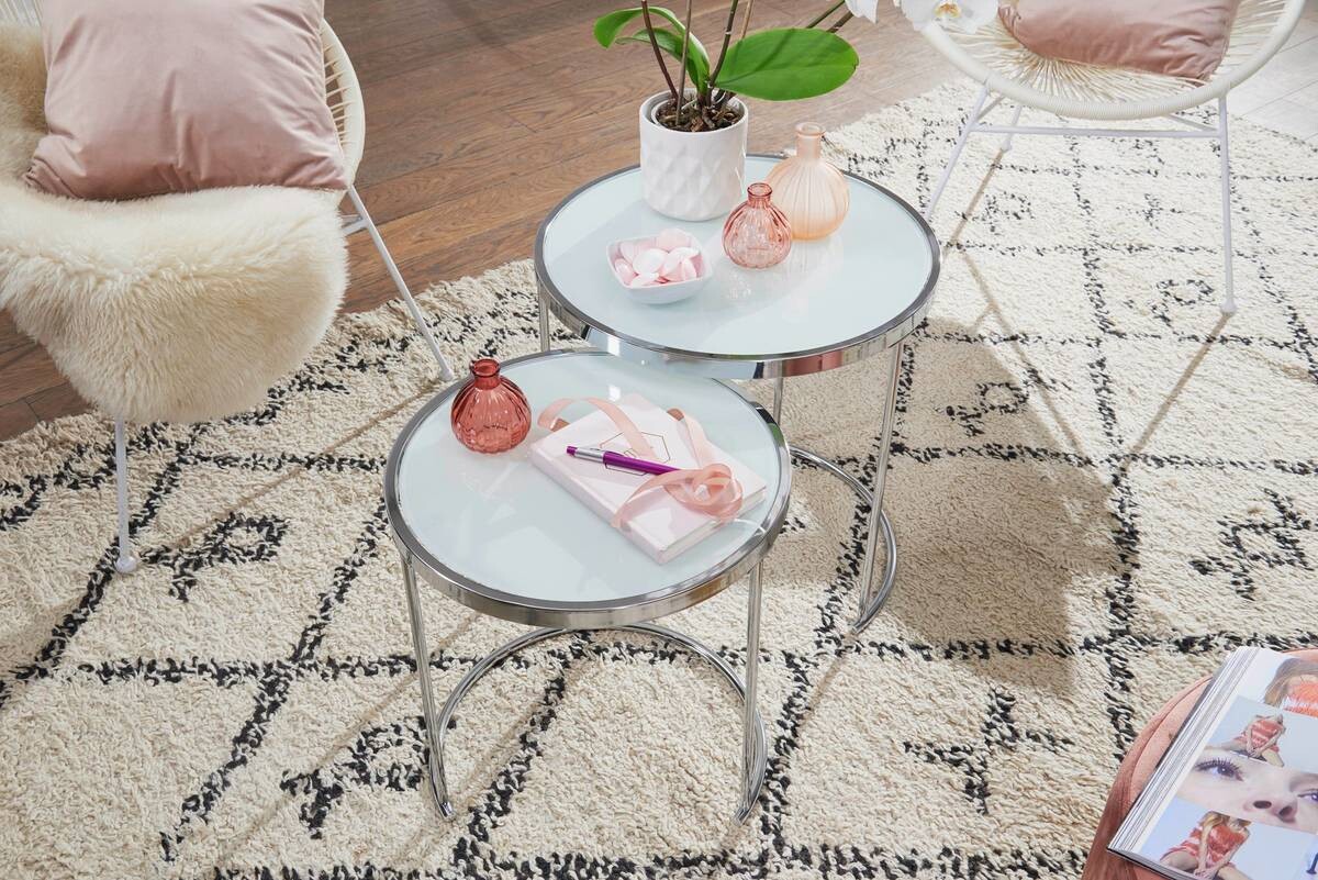 Beistelltisch 2er-Set. weiß silber verchromt Glas Metall B/H/T: ca. 50x50x50 cm