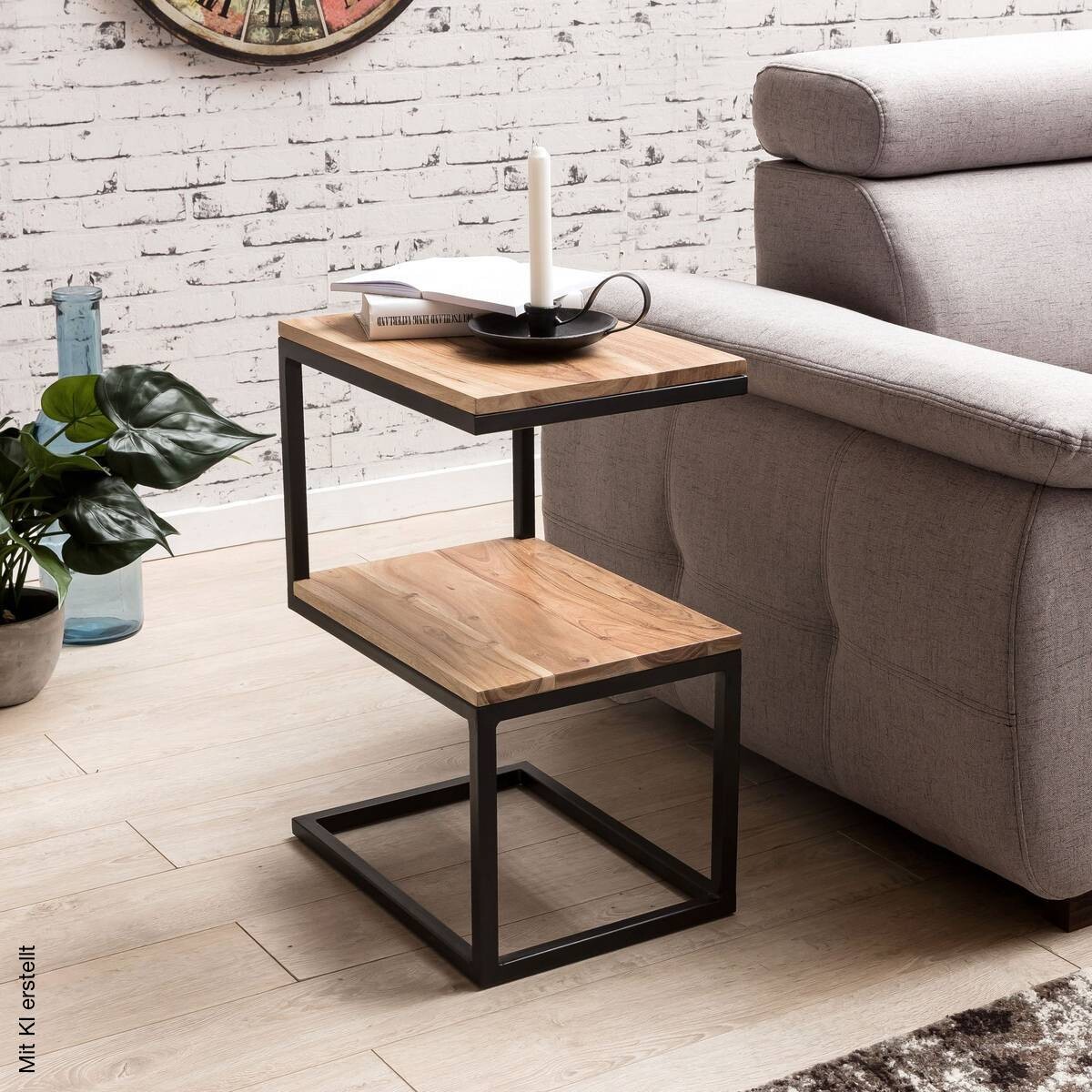 Beistelltisch natur schwarz pulverbeschichtet Akazie Metall B/H/T: ca. 45x60x30 cm