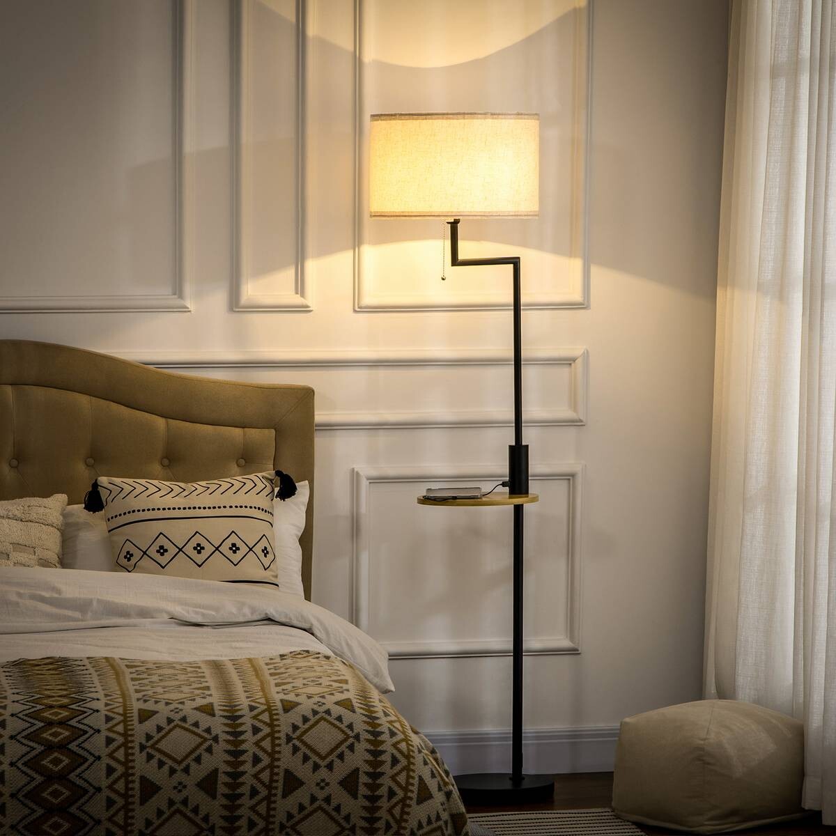 HOMCOM Stehlampe cremeweiß Stahl Bambus Polyester B/H/T: ca. 40x168x40 cm