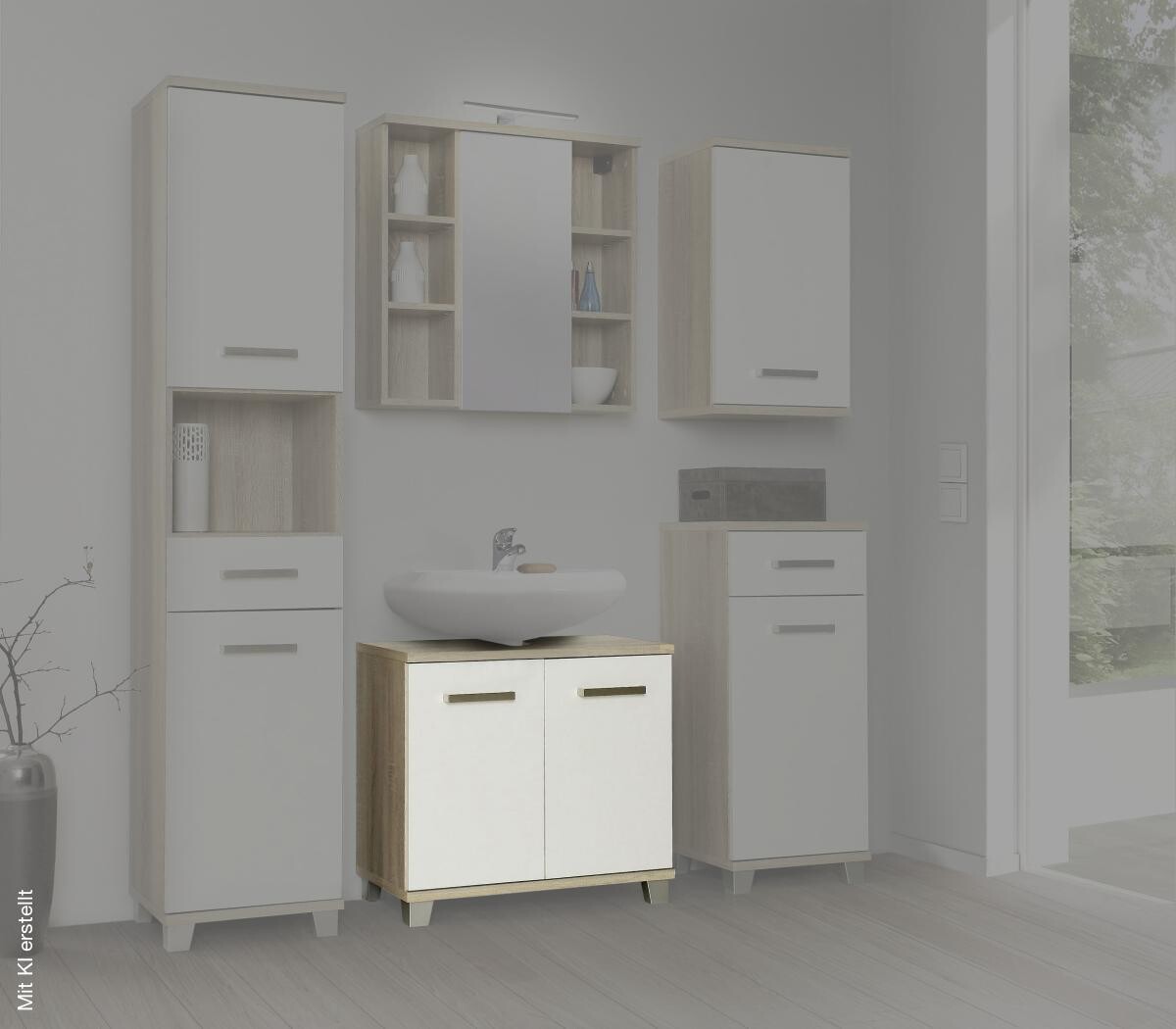 Waschbeckenunterschrank Eiche Sonoma Nachbildung weiß Hochglanz B/H/T: ca. 68,6x62x34,8 cm