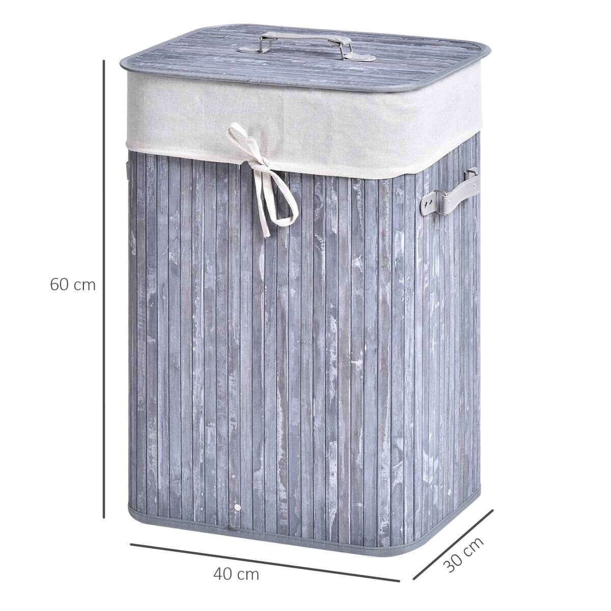 HOMCOM Wäschekorb mit 2 Tragegriffen grau Bambus Stoff Kunststoff B/H/L: ca. 30x60x40 cm