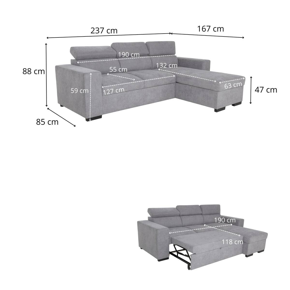 Ecksofa mit Bettfunktion und Bettkasten hellgrau Webstoff B/H/T: ca. 237x88x167 cm