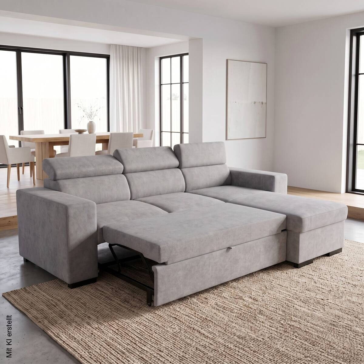 Ecksofa mit Bettfunktion und Bettkasten hellgrau Webstoff B/H/T: ca. 237x88x167 cm