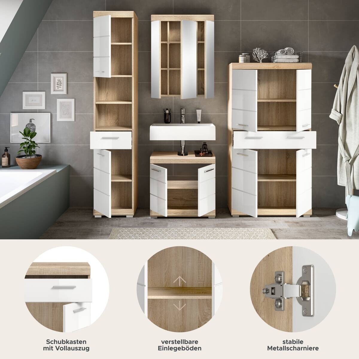 Badezimmer-Set Lambada Eiche Sonoma Nachbildung weiß Hochglanz B/H/T: ca. 186x191x34 cm