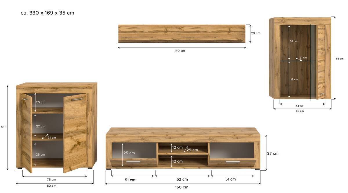 Wohnwand Jam Eiche Wotan Nachbildung B/H/T: ca. 330x169x35 cm