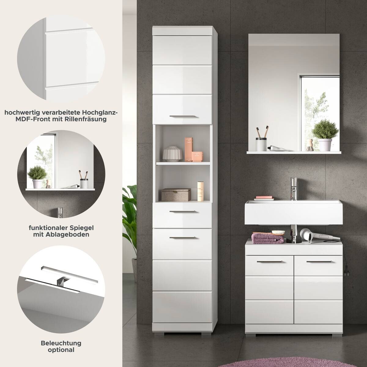 Badezimmer-Set Scout weiß weiß Hochglanz B/H/T: ca. 112x191x34 cm