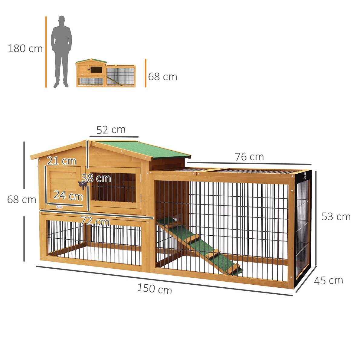 PawHut Kaninchenstall gelb Holz B/H/L: ca. 52x68x150 cm
