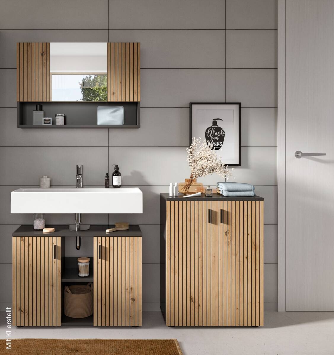 Badezimmer-Set Mone Basalt Nachbildung Artisan Oak Nachbildung B/H/T: ca. 155x180x30 cm
