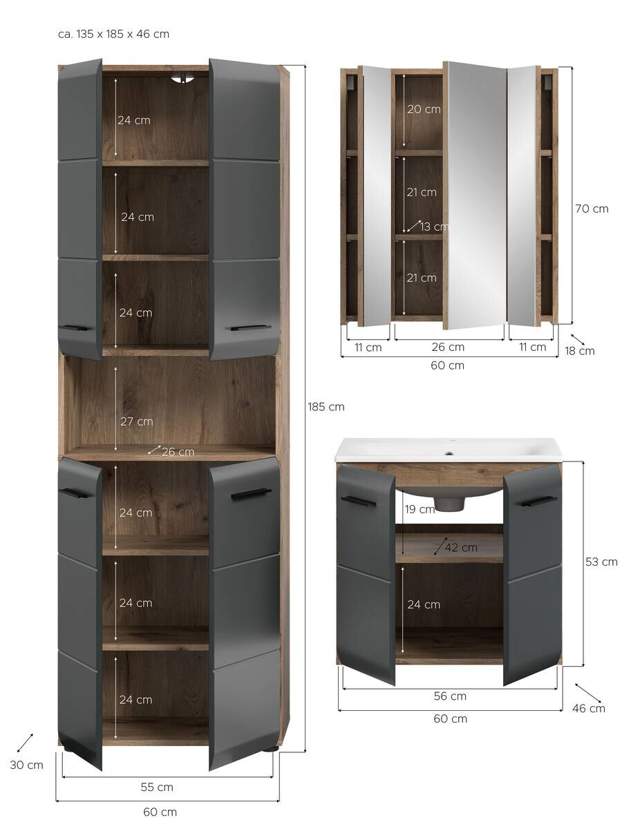 Badezimmer-Set Ice Nox Oak Nachbildung schwarz matt B/H/T: ca. 135x185x46 cm
