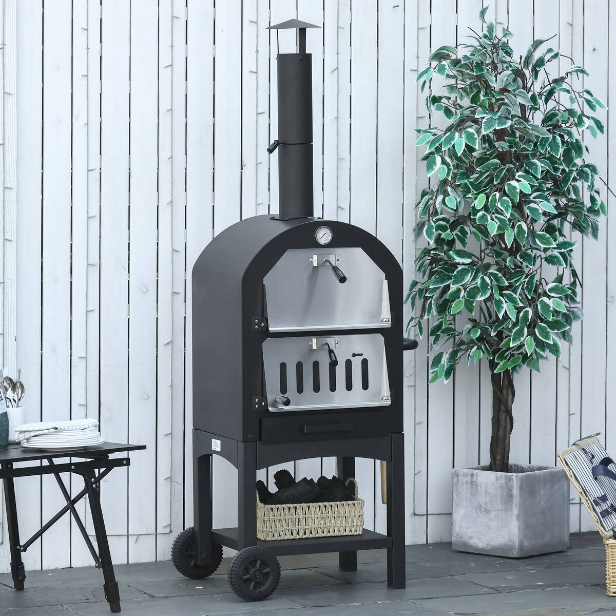 Outsunny Pizzaofen mit Schornstein schwarz Stahl B/H/L: ca. 54x161x63 cm