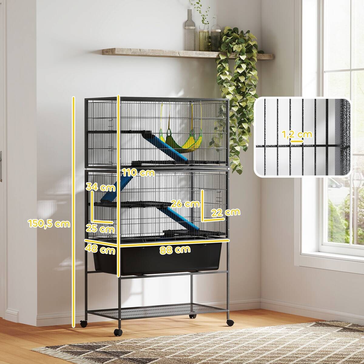 PawHut Kleintierkäfig dunkelgrau Stahl B/H/L: ca. 48x150,5x88 cm