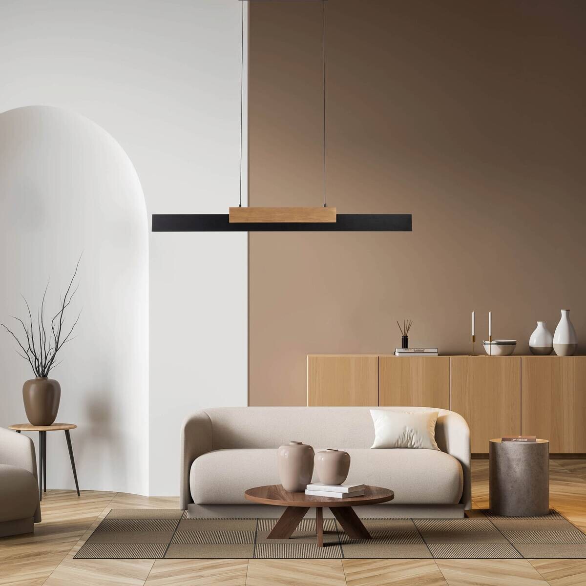 Näve Leuchten LED-Pendelleuchte braun Holz Metall B/H/T: ca. 120,5x150x6 cm