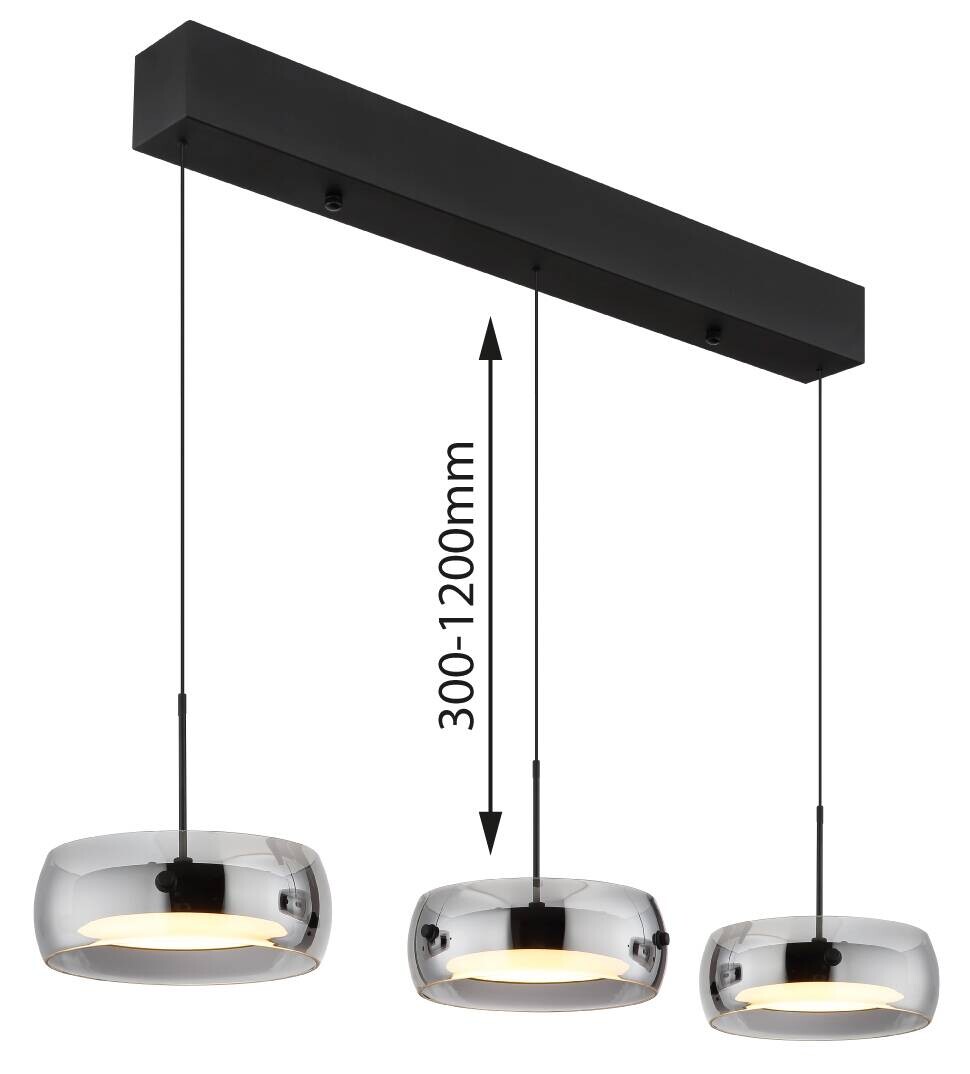 GLOBO LED-Hängeleuchte mattschwarz Rauch Opal Metall Glas Kunststoff B/H/L: ca. 20x120x85 cm 1 Brennstellen