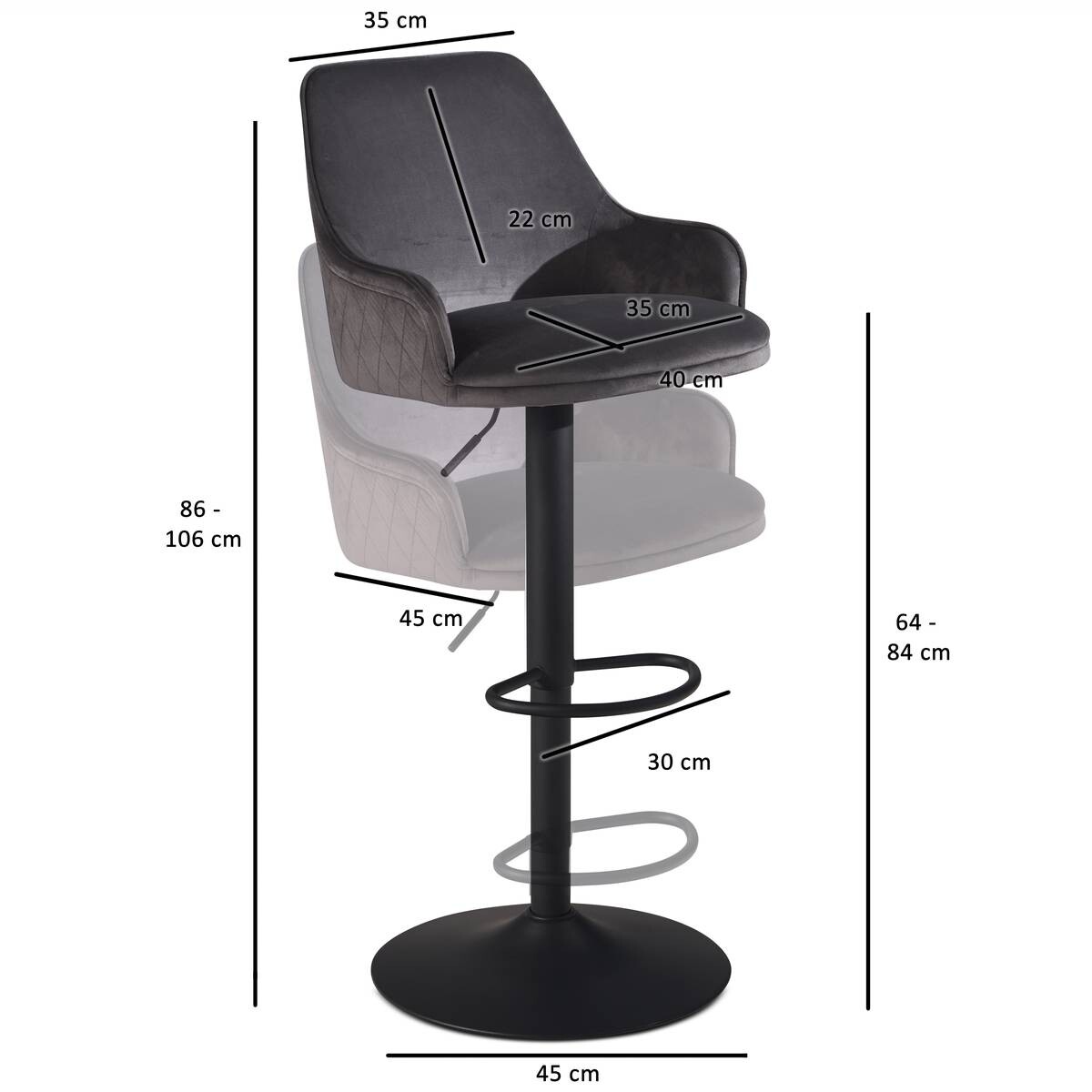 Barhocker grau Samt B/H/T: ca. 45x106x45 cm