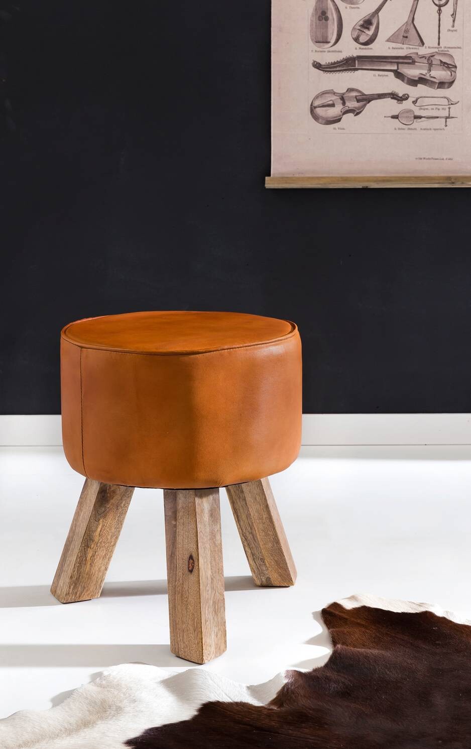 Wohnling Sitzhocker braun natur Leder Echtholz B/H/T: ca. 37x45x37 cm