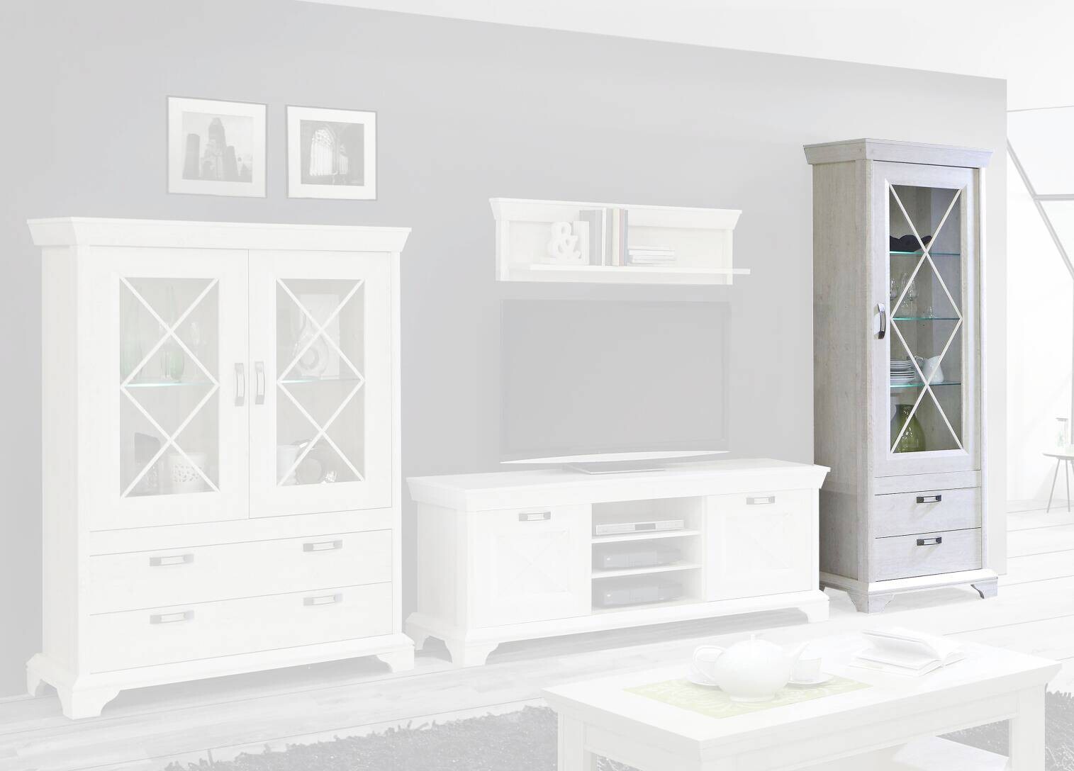 Standvitrine weiß Pinie Nachbildung B/H/T: ca. 78x210x48 cm