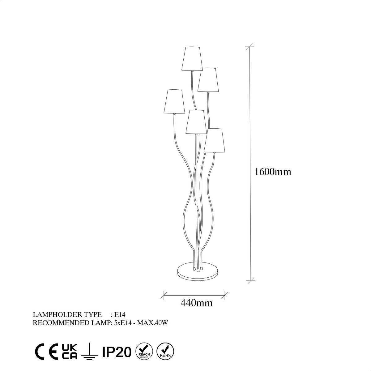 Opviq Stehleuchte mehrfarbig Metall B/H/T/L/D: ca. 44x160x44x44x44 cm E14 5 Brennstellen
