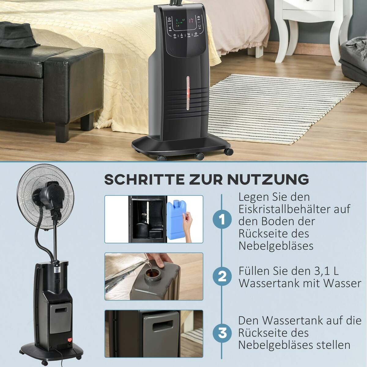 HOMCOM Ventilator schwarz Polypropylen Edelstahl Kunststoff B/H/L: ca. 44,5x44,5x135 cm