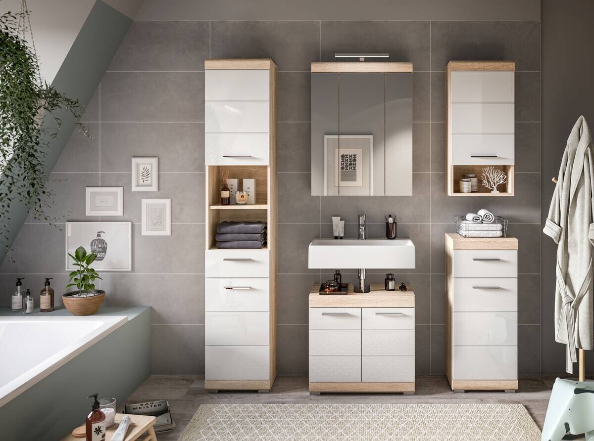 Badhängeschrank LAMBADA Eiche Sonoma hell Nachbildung weiß Hochglanz B/H/T: ca. 37x79x24 cm