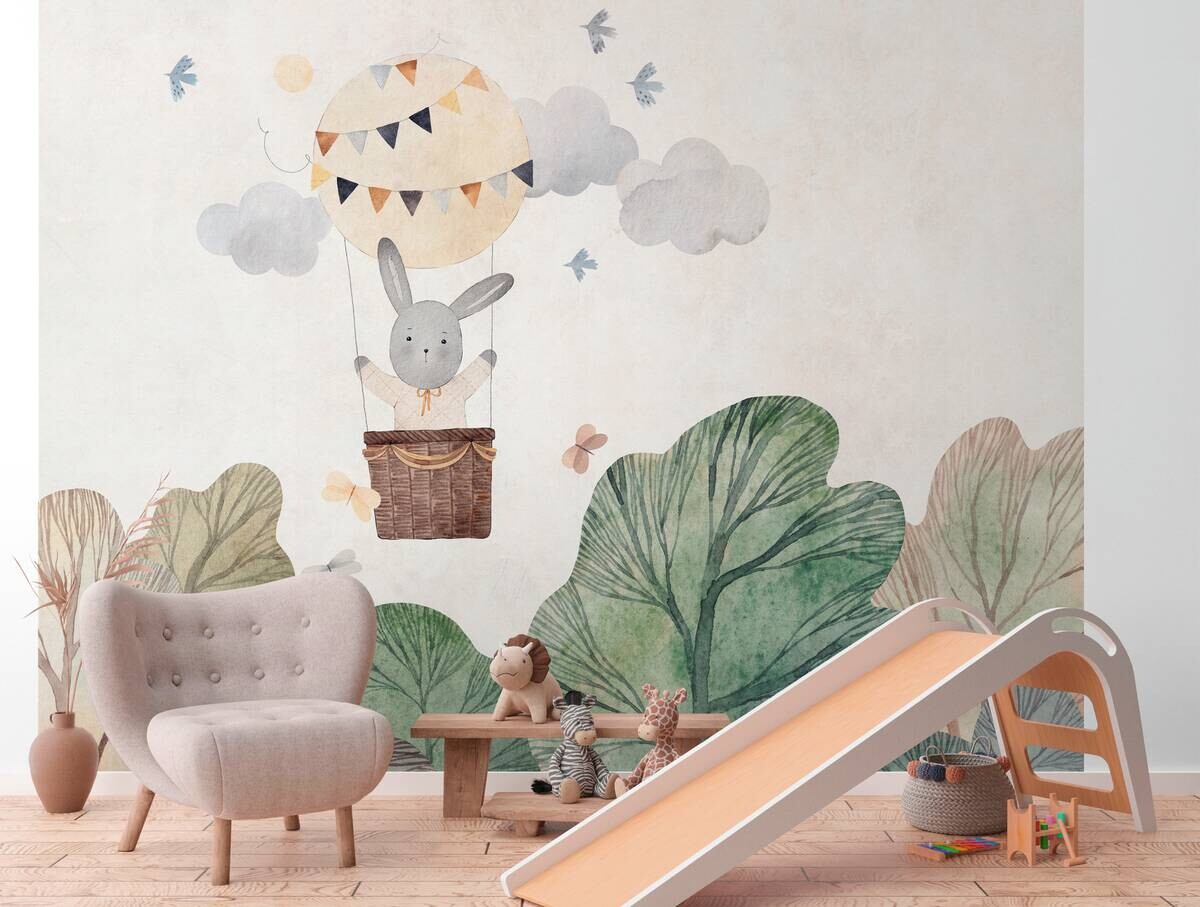 Livingwalls Fototapete Hase im Luftballon grün beige braun B/L: ca. 280x371 cm