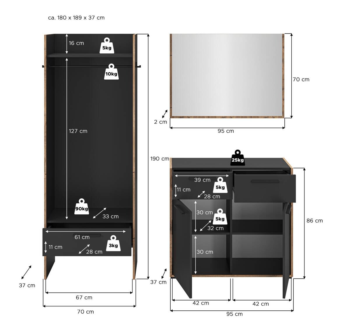 Garderobe Bueno Basalt Nox Oak Nachbildung B/H/T: ca. 180x189x37 cm