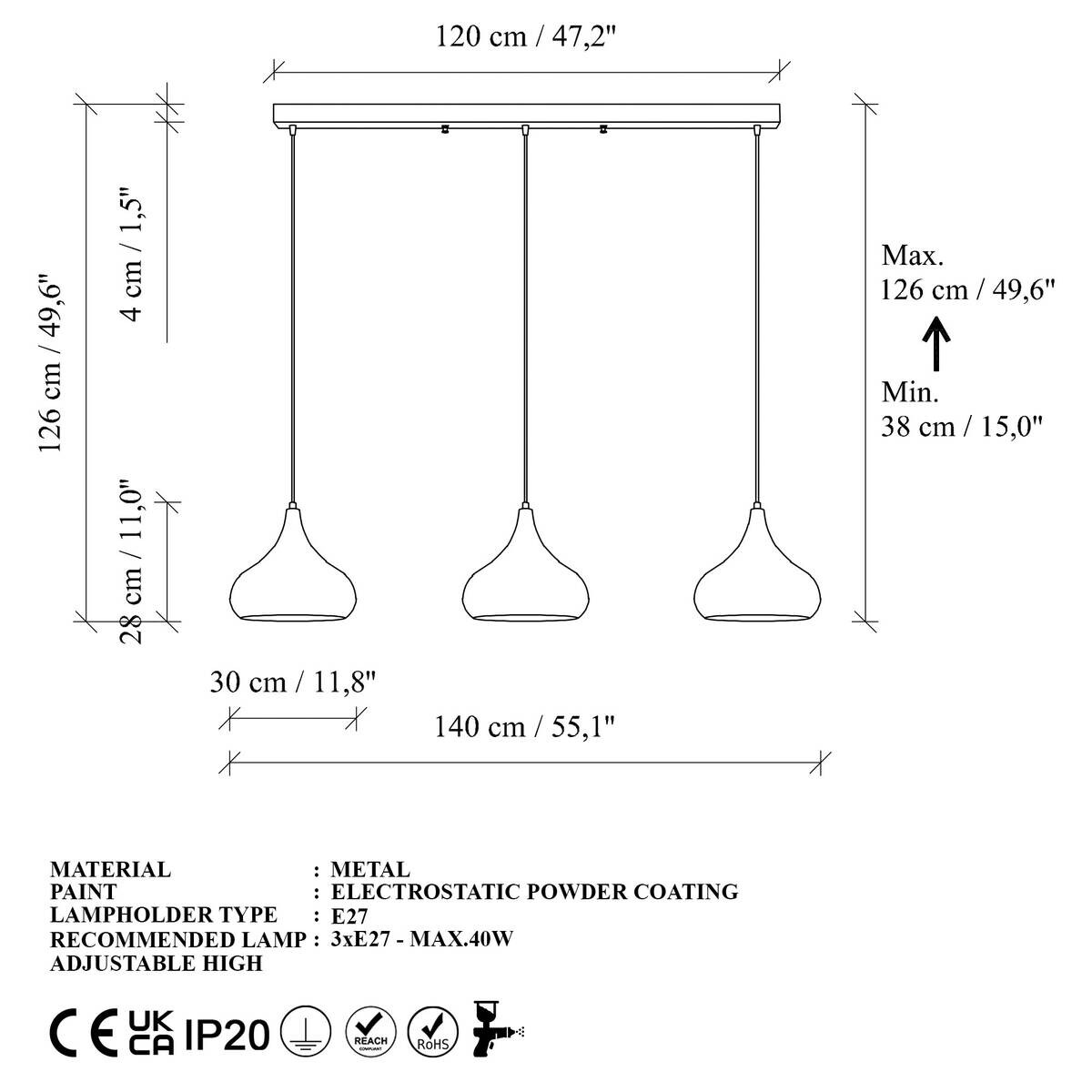 Opviq Pendelleuchte Muba-11553 B/H/T/L: ca. 140x126x30x140 cm E27 3 Brennstellen