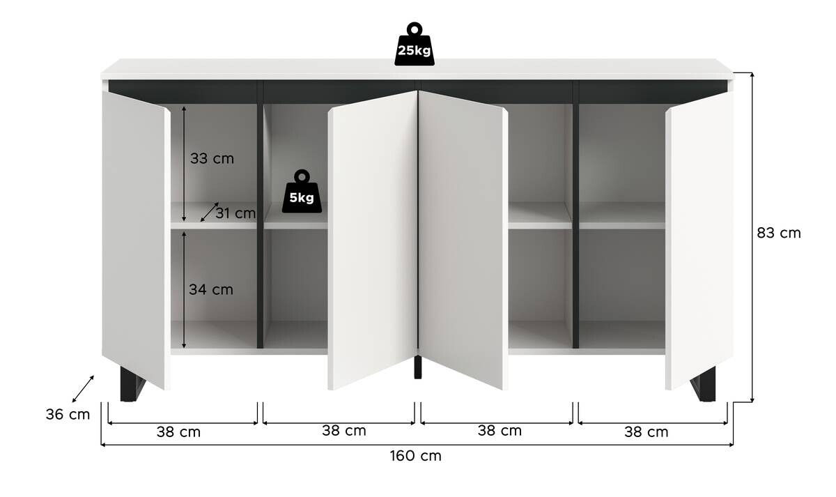 Sideboard Tomasa weiß schwarz B/H/T: ca. 160x84x36 cm