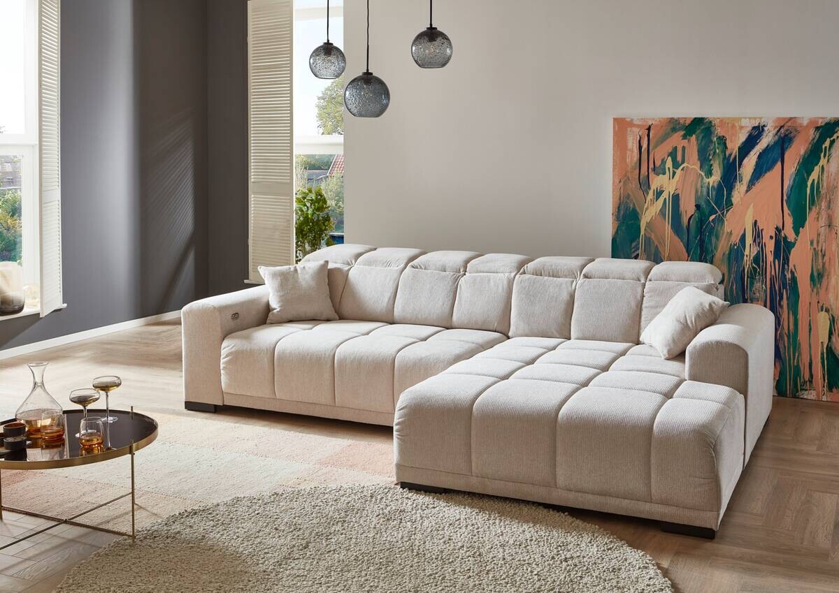 Ecksofa mit elektrischer Sitztiefenverstellung beige Microfaser B/H/T: ca. 301x113x195 cm