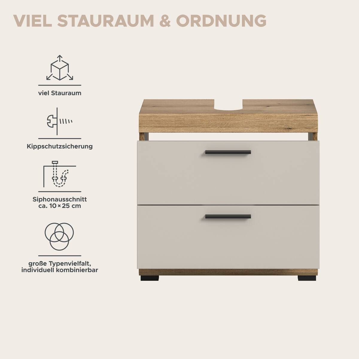 Waschbeckenunterschrank Scout Evoke Oak Nachbildung Kaschmirgrau Nachbildung B/H/T: ca. 60x56x34 cm
