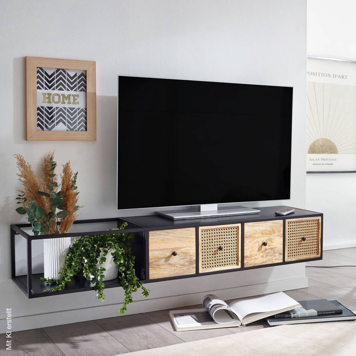 TV-Bank schwarz pulverbeschichtet natur Eisen Echtholz B/H/T: ca. 150x25x35 cm