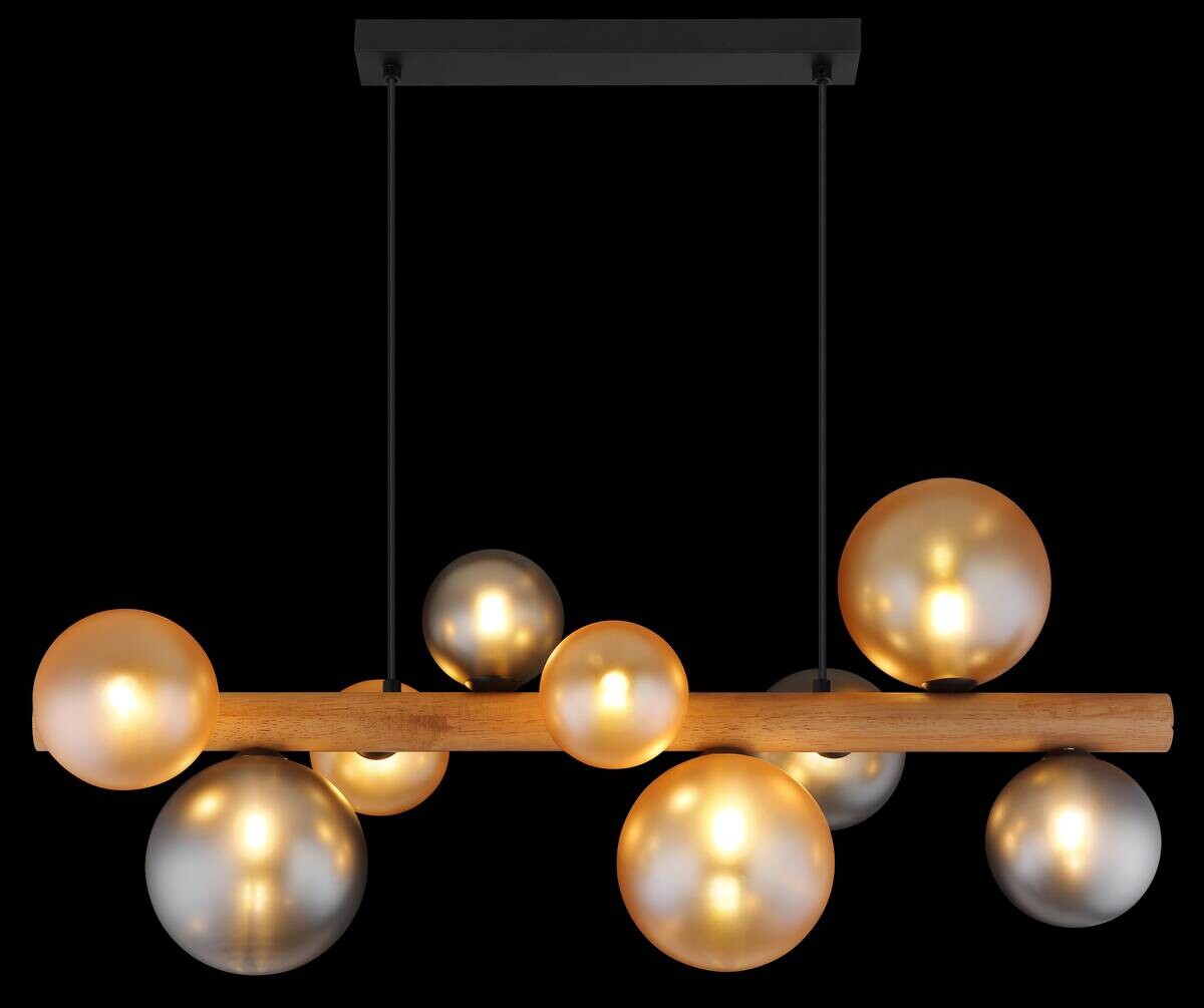 GLOBO LED-Hängeleuchte dunkelbraun amber Rauch Holz Metall Glas B/H/L: ca. 29x150x78 cm 9 Brennstellen
